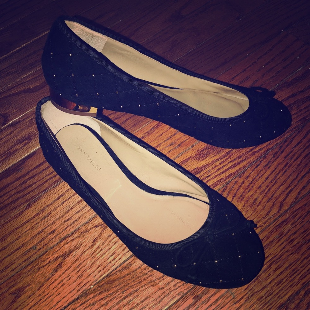 Ann Taylor Black Quilted Suede Flats w/Gold studs